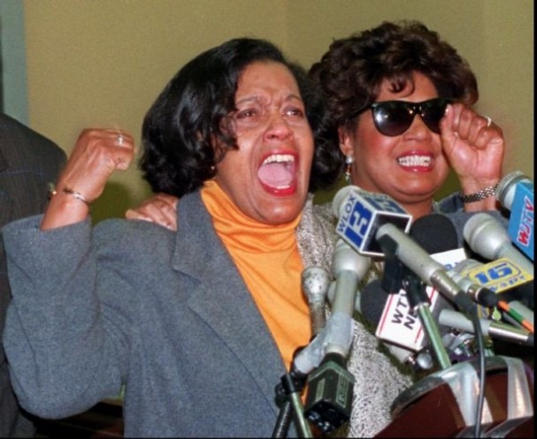 Myrlie and Reena Evers cheer the conviction of Medgar Evers” murderer, Byron De La Beckwith, on February 5, 1994. Photo: Associated Press