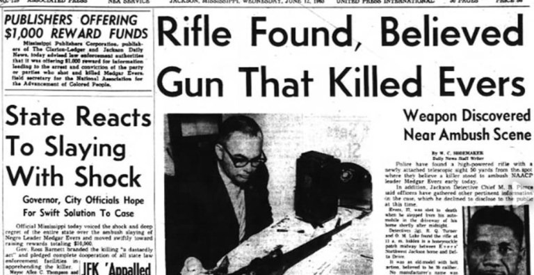 Newpaper with headline - Rifle Found, Believed Gun that Killed Evers
