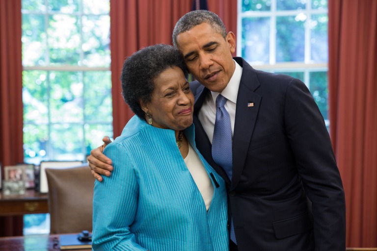 President Barack Obama embraces Myrlie Evers-Williams during her visit in the Oval Office, June 4, 2013. The President met with the Evers family to commemorate the approaching 50th anniversary of Medgar Evers’ death. Official White House Photo by Pete Souza
