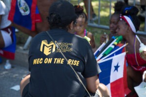 Woman holding flags facing young children