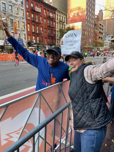 Marathoner Marthe with friend Jean Ellen Murphy coming off the 59th Street Bridge.