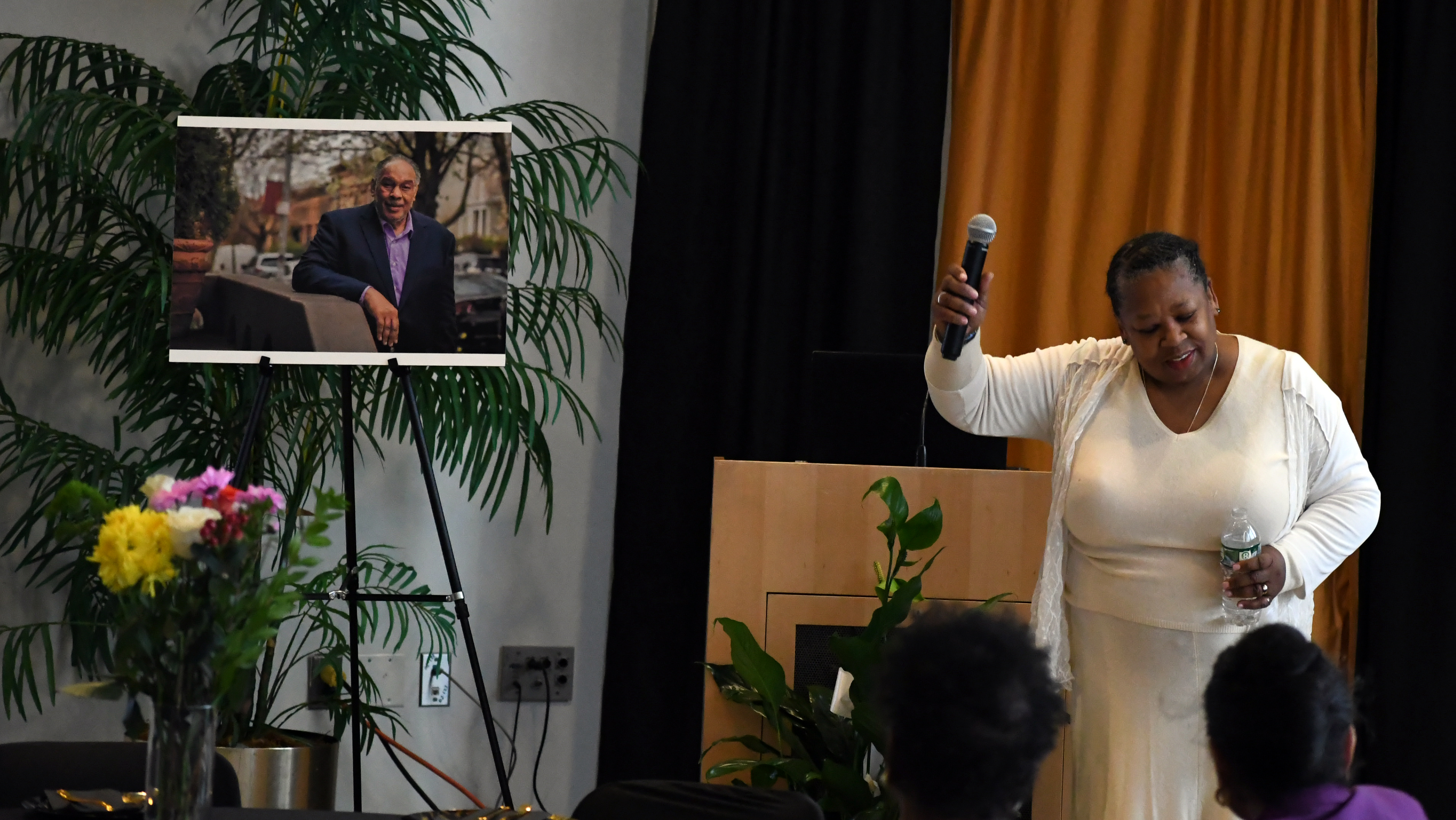 Esmeralda Simmons, a long-time colleague and friend at Medgar Evers College, performs a ceremony to honor Dr. John Flateau to kick off the repast at Medgar Evers College on January 10, 2024. (Photo by Nick Masuda/MEC)