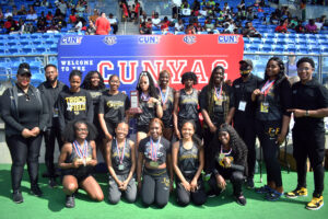 The 2025 Medgar Evers College women's track and field team finished second at the CUNYAC Championships, a meet that came down to the final event to be decided. (Nick Masuda/Office of Communications)