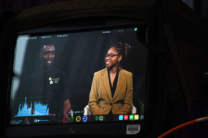 Medgar Evers College students, Boris Onyekaba (left) and Eternity Council, were interviewed at the Democracy in Action Convening. (Photo by Maritza Argueta/Intern, Office of Communications)