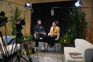 Medgar Evers College student Eternity Council (right) is interviewed while attending the Democracy in Action Convening in Jackson, Mississippi. (Maritza Argueta/Intern, Office of Communications)