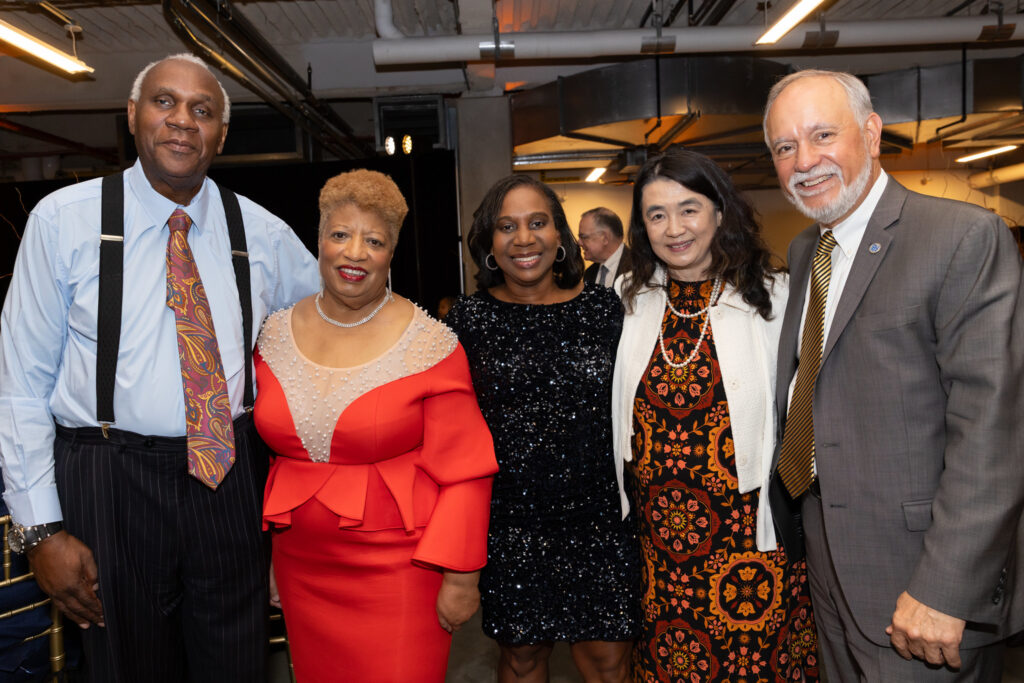 From left: Dr. Owen Brown (Dean of School of Liberal Arts); Dr. Patricia Ramsey (Medgar Evers College President); Dr. Zulema Blair (Dean of the School of Business); Dr. Shu-Ping Sandie Han (Dean of the School of Science & Allied Health); Dr. Félix Matos Rodríguez (CUNY Chancellor) (Photo by Solwazi Afi Olusola)