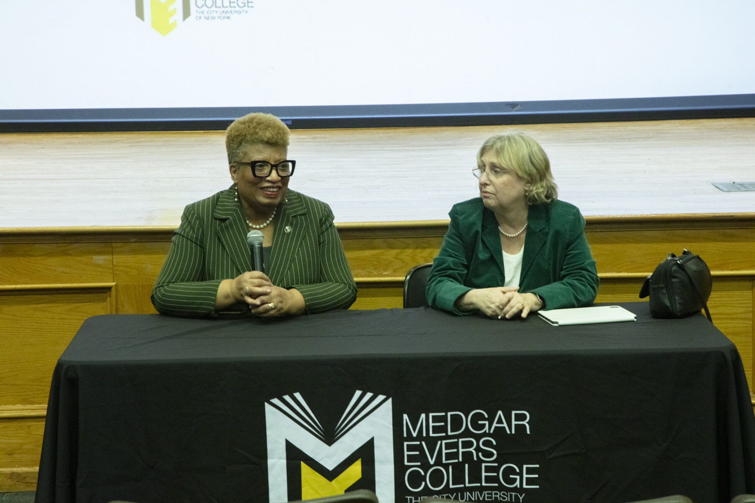 Dr. Patricia Ramsey (Medgar Evers College President) and Dr. Betsey Hendrey (Medgar Evers College Interim Provost) at the campus town hall introducing Hendrey to the Medgar Evers College community (Photo by Richard Joseph, Medgar Evers College Communications Department)