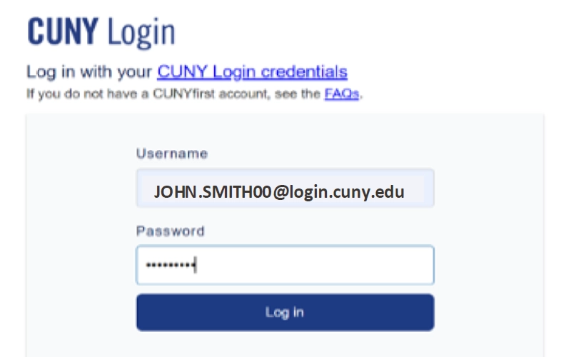Screenshot: CUNY Login Screen with Username and Password fields