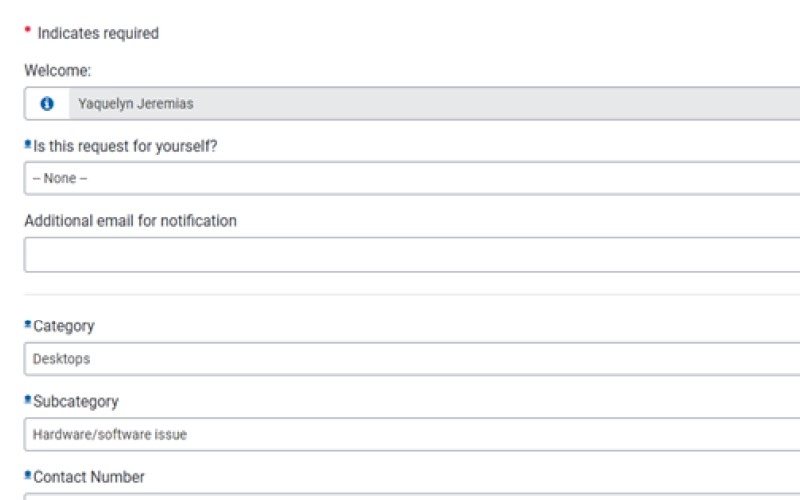 Screenshot of Service Request Form