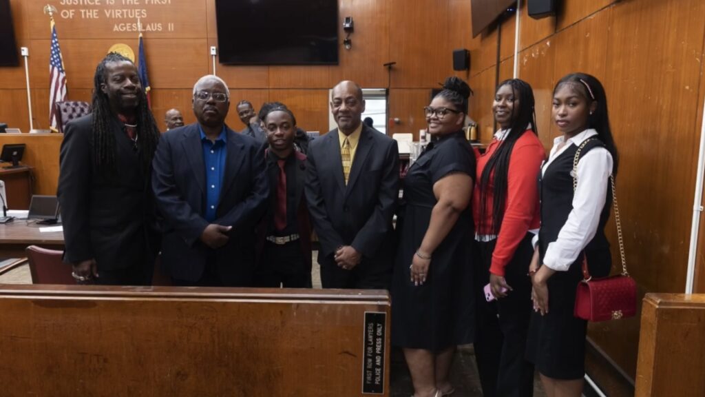 The mock trial defense team along with defendant John Brown (aka Stewart Dillon, second from left)