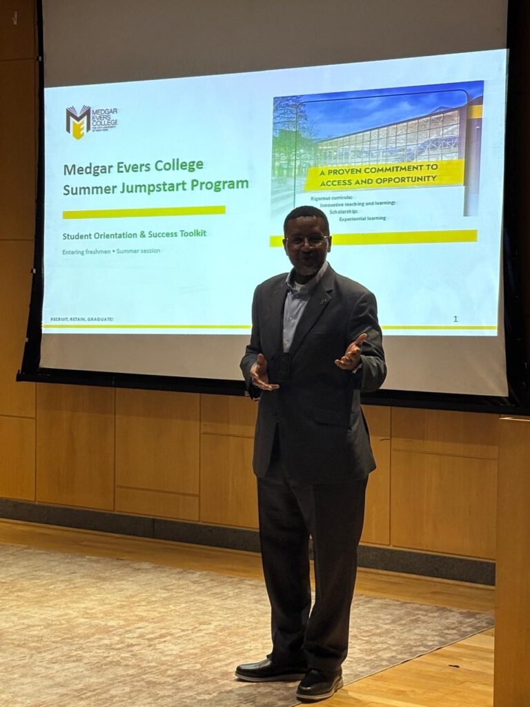 Dr. Jesse Kane, Medgar Evers College Senior Vice President of Student Success and Enrollment Management greets participants of the Summer Jumpstart Program